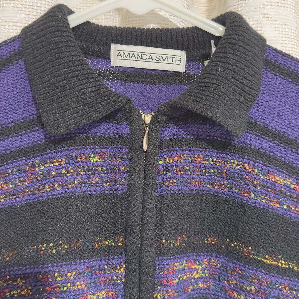 Amanda Smith Women M Full Zipper Knit Sweater Purple Multi Colored Stripes - Picture 7 of 10